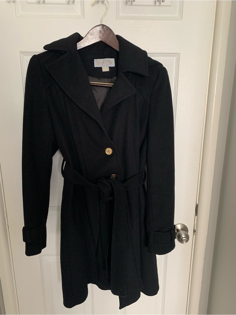 Michael Kors Women’s Black hooded Belted Wool-Blend Coat with gold buttons